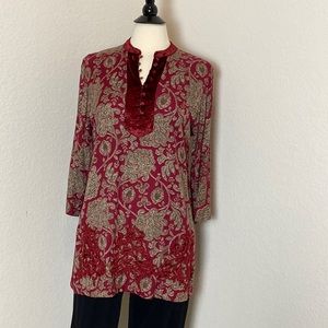 Soft Surroundings Burgundy Red Paisley Velvet-Trim Tunic